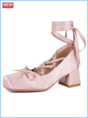 Satin Ballet Chunky Heel Lace Up Square Toe Pumps